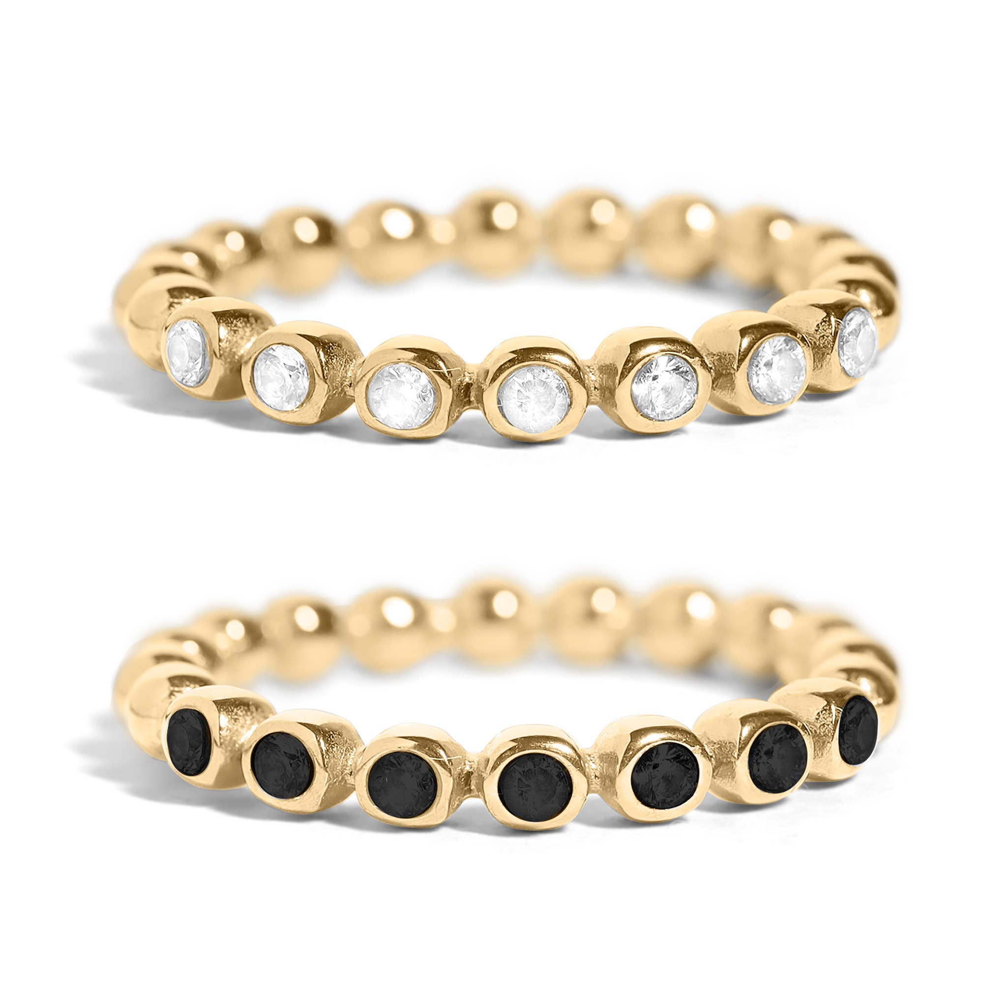 WJW - Wholesale Multi-Stone Ring - 18k Gold PVD Coated Beaded Stainless Steel CZ Stacking Ring