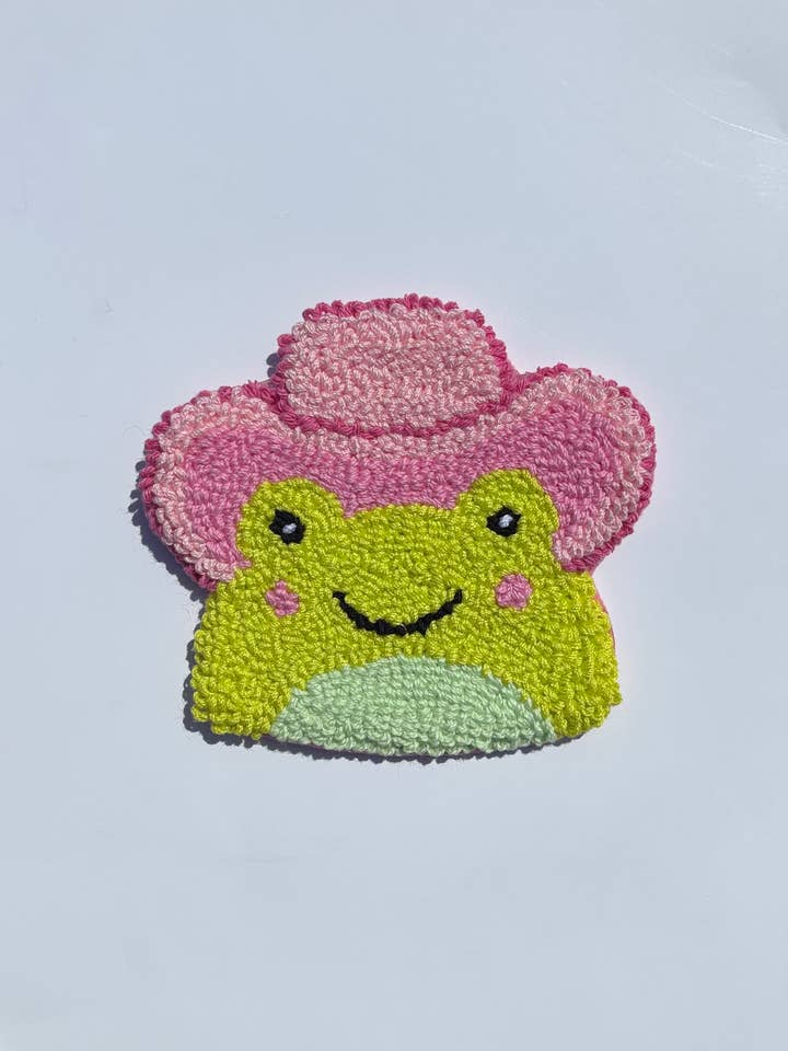 Handmade punch needle cowboy frog mug rug, coffee coasters for wholesale by Honey Punches