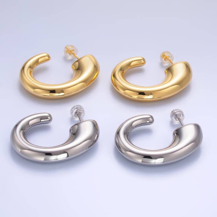 24K Gold Filled 35mm Minimalist J-Shaped Hoop Earrings in Gold & Silver | AB861 AB862 for wholesale by Aim Eternal