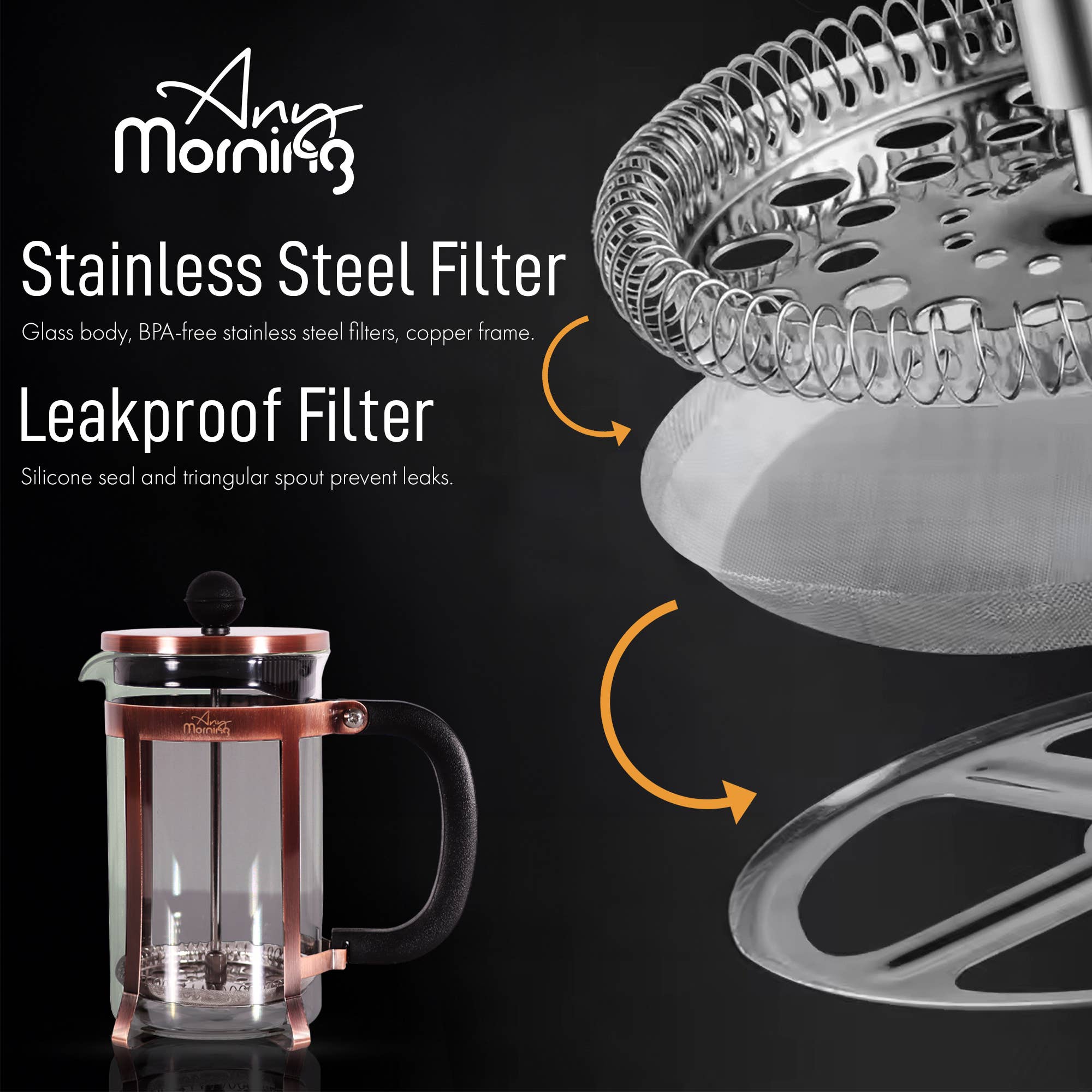 Biggbrands – wholesale French press – Any Morning French Press Coffee & Tea Maker 20 Oz (Copper)5