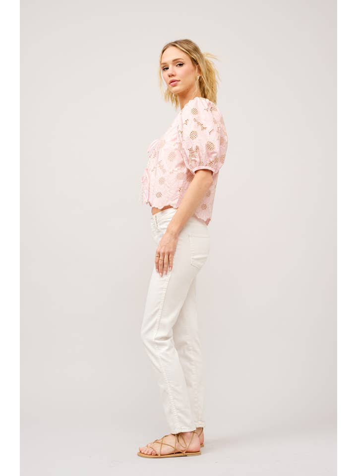 PINK 36548T - Metallic Embroidered Tie Front Scallop Hem Top for wholesale on Faire4