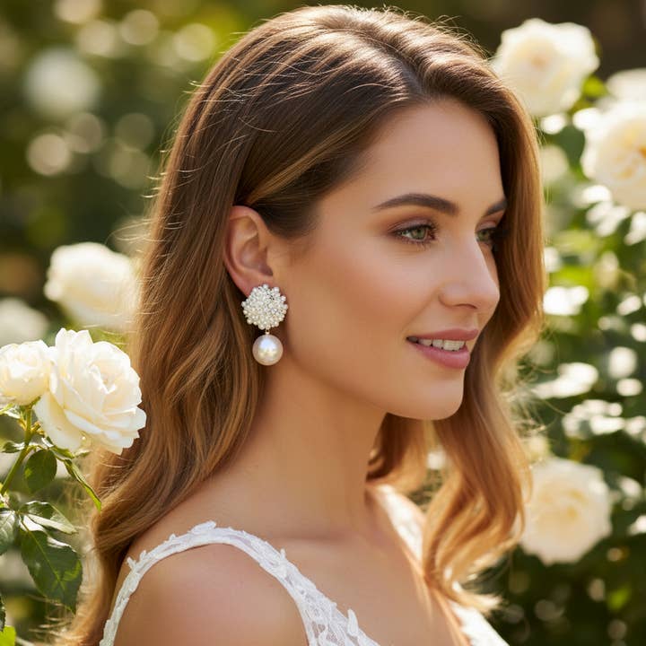 Athena Bridal Jewellery - Wholesale Dangle Earrings - ATHENA COLLECTION - PEARL CLUSTER EARRINGS - CZER869 GOLD3