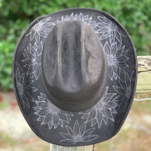 BoHippi Express - Wholesale Cowboy Hat - Women's - Hand Burned Cowboy Hat - Sunflowers - Black