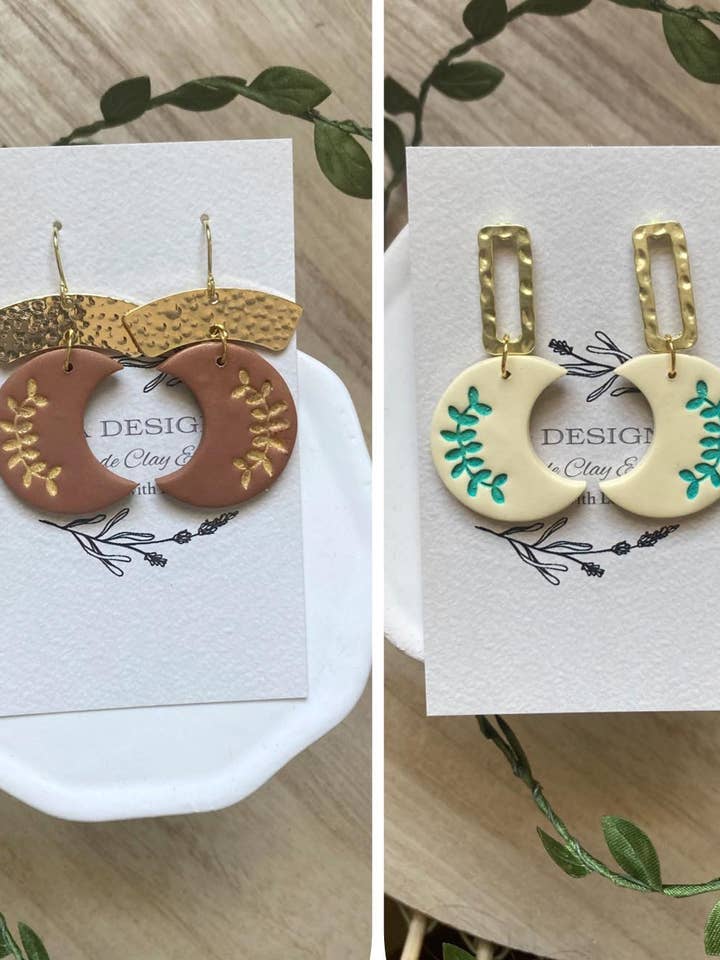 Crescent Moons Floral Accent, Polymer Clay Earrings for wholesale by KLA Designs