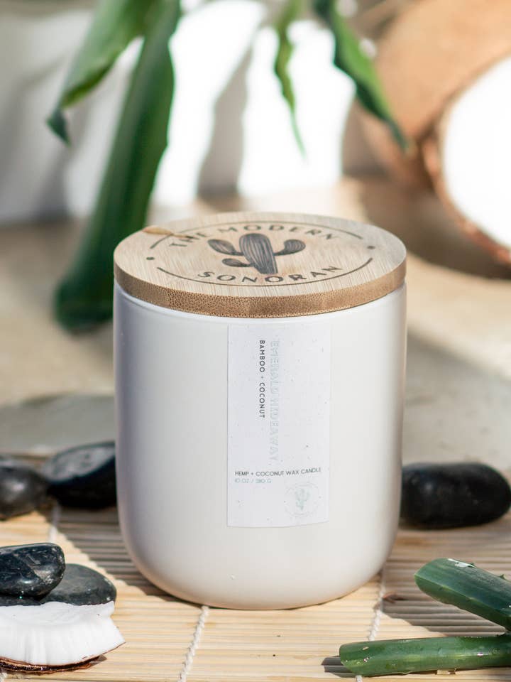 Emerald Hideaway: Quiet Luxury Hemp & Coconut Candle, 10 oz for wholesale by The Modern Sonoran
