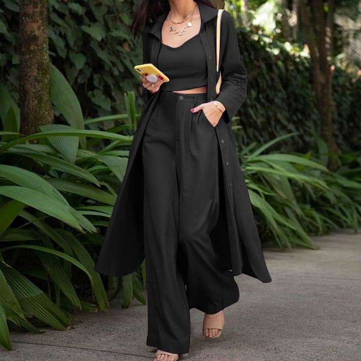 Plush Looks - Wholesale Top & Pant Set (NOT Loungewear) - Women's - Solid Color Long Trench Coat Camisole Wide Leg Pants Set