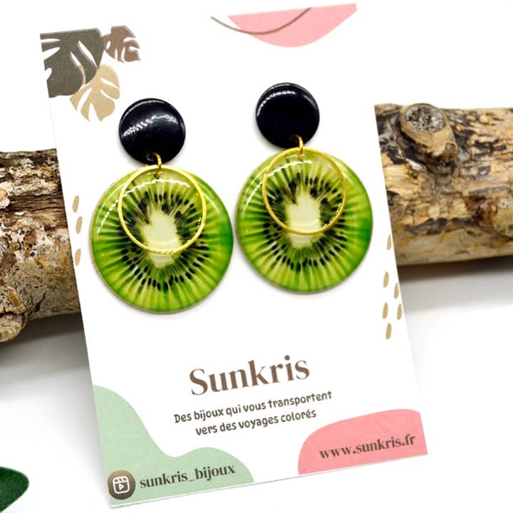 SUNKRIS - Wholesale Dangle Earrings - Realistic resin tropical kiwi earrings
2