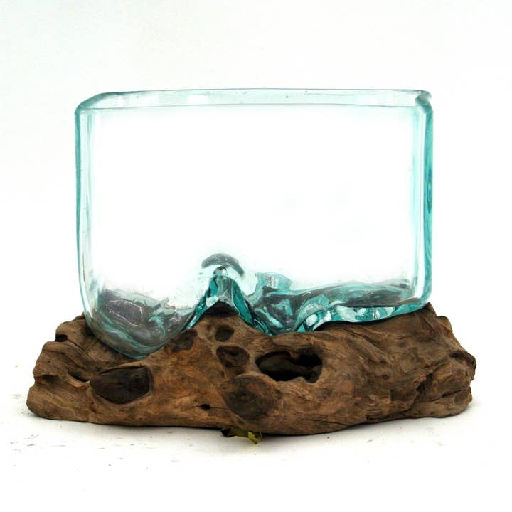 OMA - Eclectic Home - Wholesale Vase - Blown Glass On Teak Wood Vase Planter Rectangle Modern Style