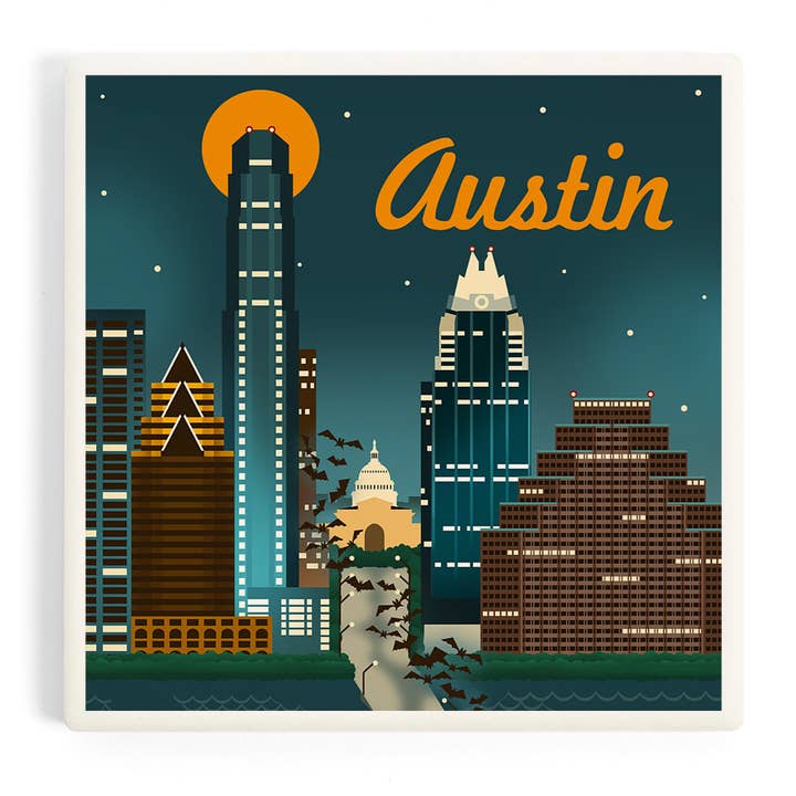 SOTTOBICCHIERE IN CERAMICA Austin, Texas, Retro Skyline per la vendita all'ingrosso da parte di Lantern Press