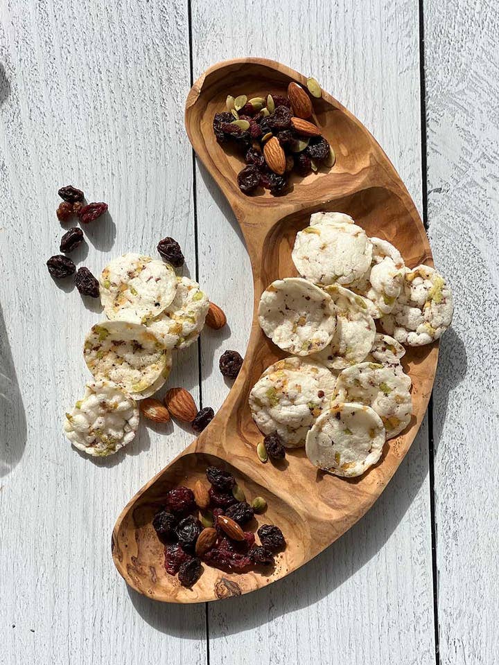 Olive Wood Curved 3 Side Appetizer Dish 12" for wholesale by Scents and Feel