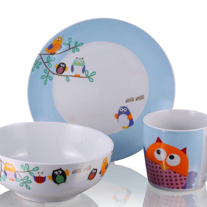 Silly Design – Großhandel Geschirrset – Kind & Baby – Frühstücksset, Geschirr Eulen, Porzellan, 3tlg.