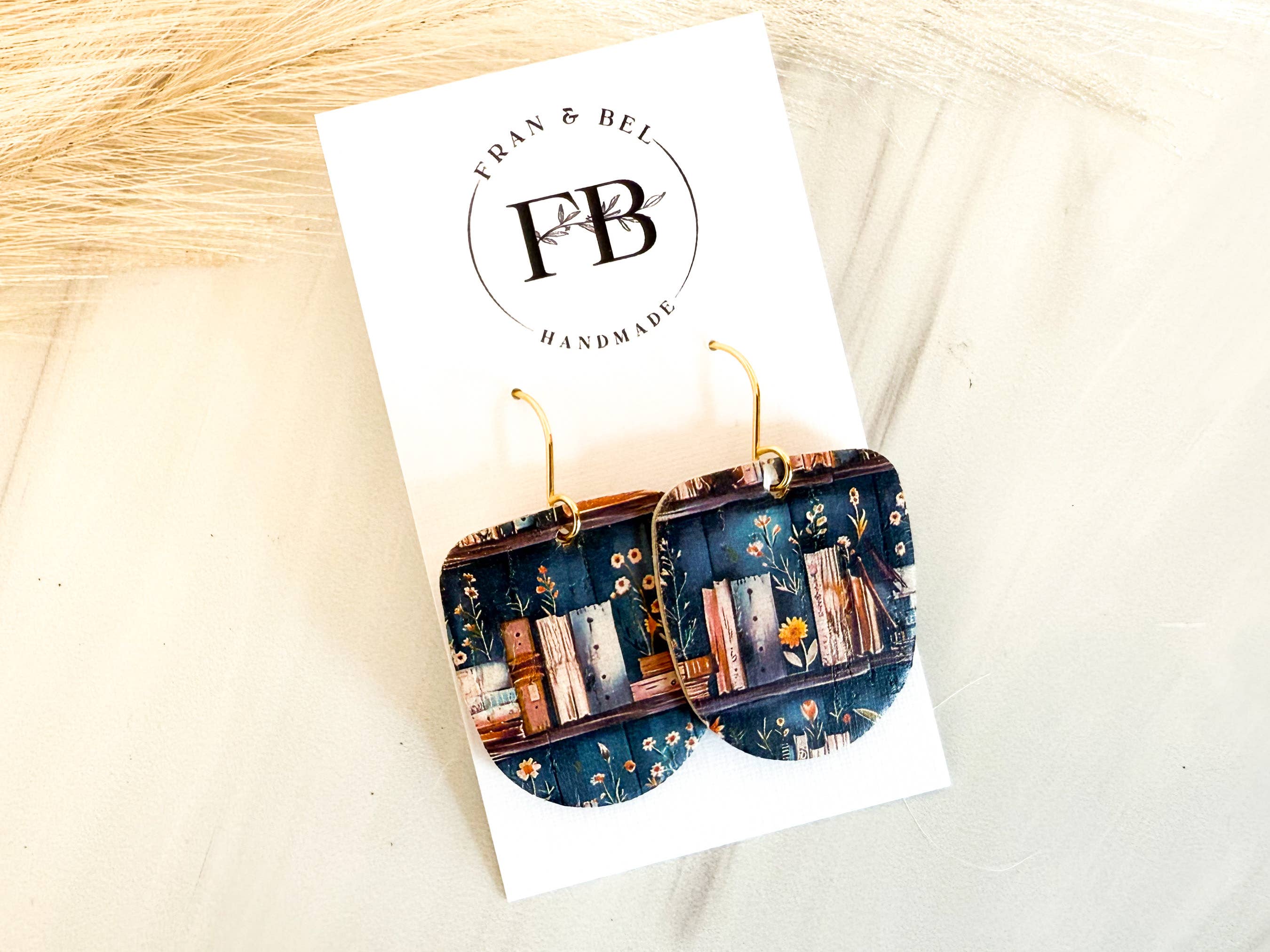 Fran and Bel - Wholesale Dangle Earrings - Navy Book Print  U-Shaped Leather Earrings0