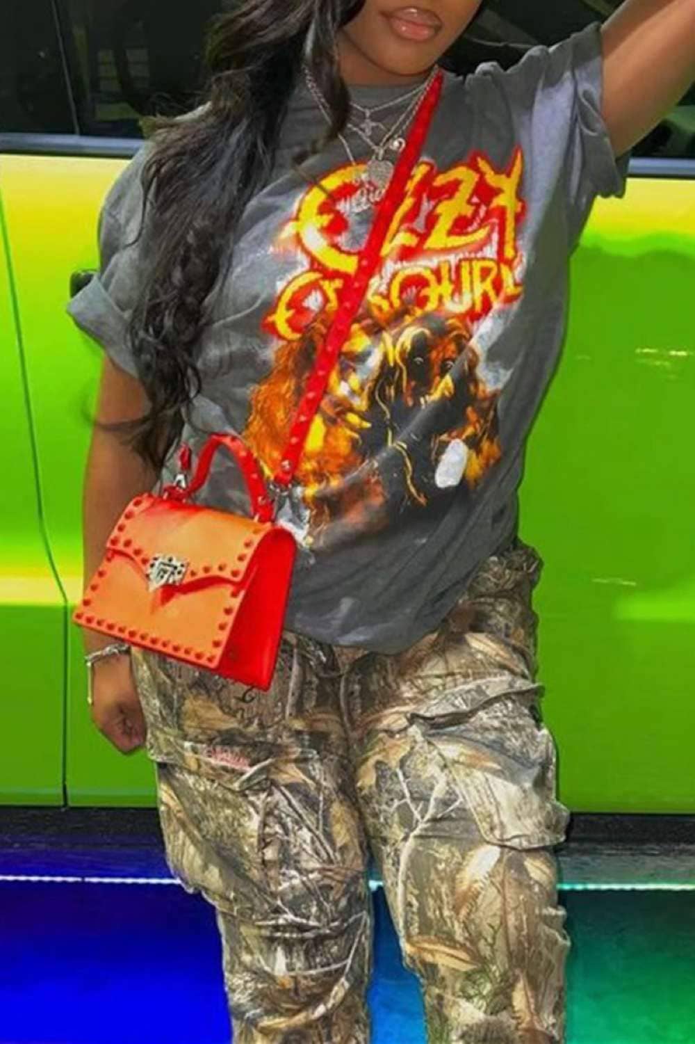 DARK GREY fashion casual print patchwork o neck t shirts for wholesale on Faire3