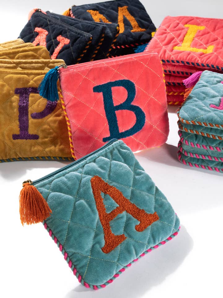 Hand Embroidered Initial Velveteen Pouch for wholesale by Urbanista