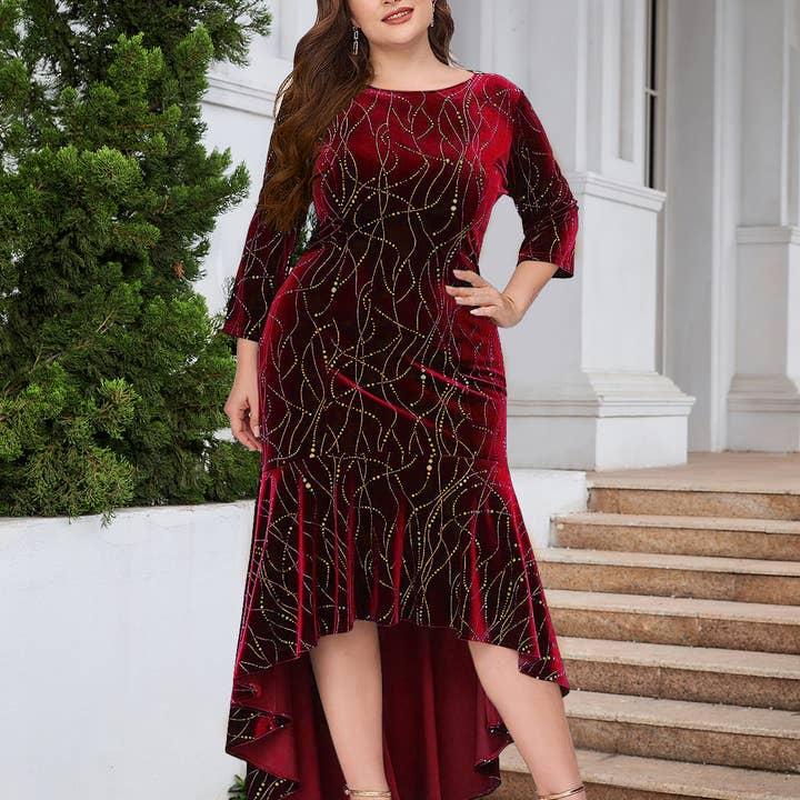 Masyal - Wholesale Dress - Women's - Plus Size Women's Velvet Mermaid Formal Dress with Sleeves1