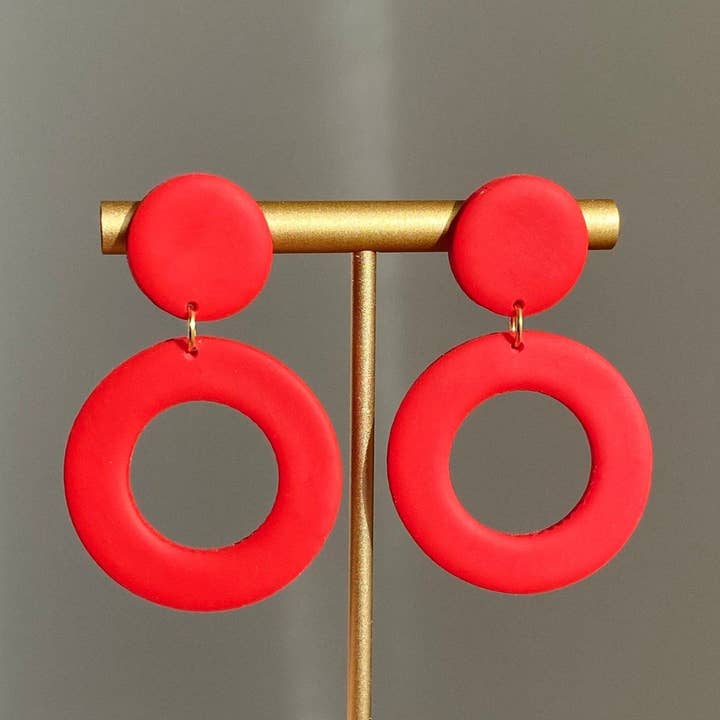 Bright Red Clay Funky Hoop Handmade Earrings for wholesale by Clay Jewels by Jules