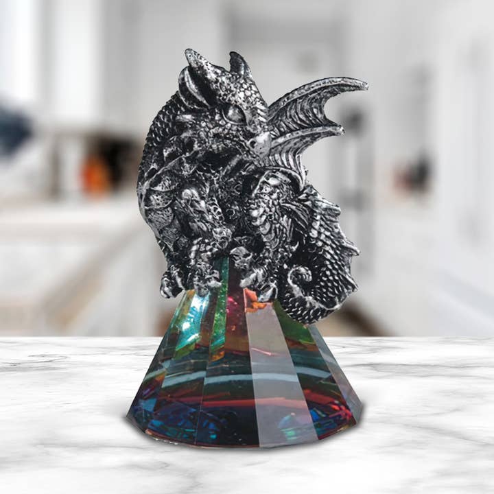 3.5"H Silver Dragon Sitting on Pyramid Glass Figurine Gifts for wholesale by FC Design