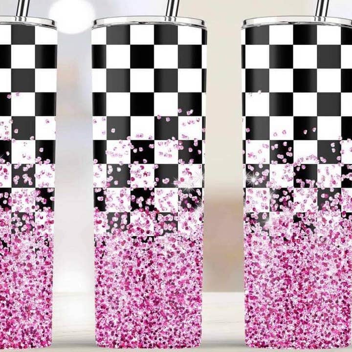 Pink Glitter Checkered Flag for wholesale by Noel & Co Tumblers