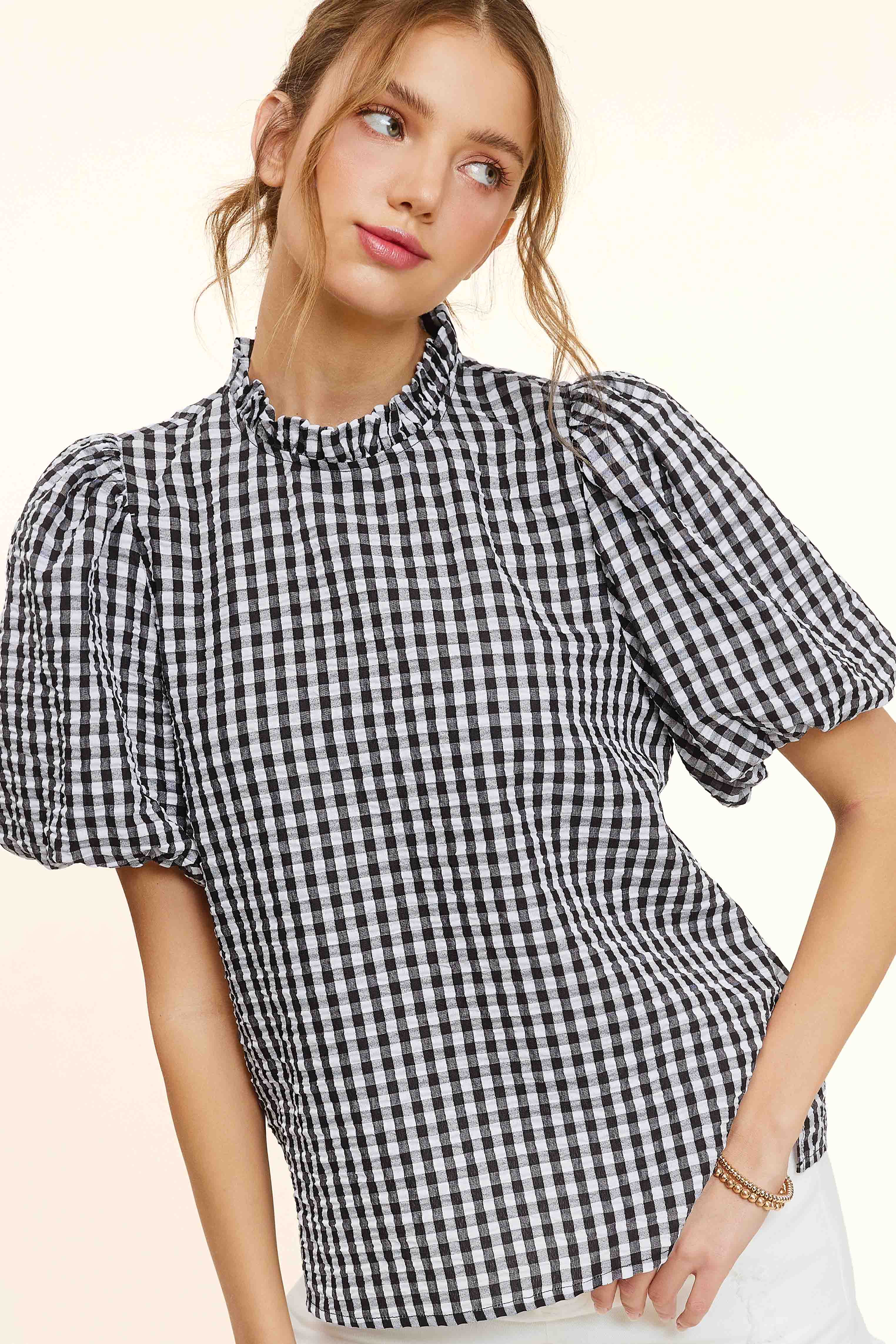 La Miel - Wholesale Blouse - Women's - HCT7697-Gingham Check Print Lovely Puff Short Sleeve Top14