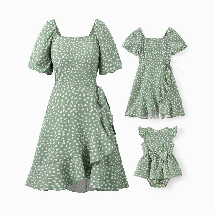 Mommy and Me Green Polka Dot Dresses Puff Sleeve Wrap Dress for wholesale by PatPat Matching