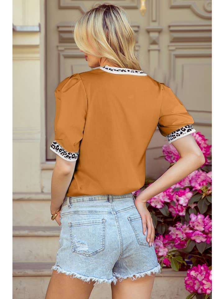 1 the Woman - Wholesale Blouse - Women's - Contrast Leopard Trim Split Neck Puff Sleeve Blouse5