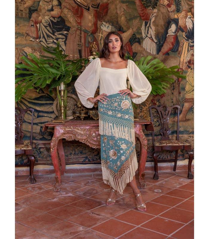 GRÜN REF.: 000015 Káhyra Alboreá Chiffon-Schalrock in Wassergrün mit Beigen Blumenmotiven für den Großhandel auf Faire4