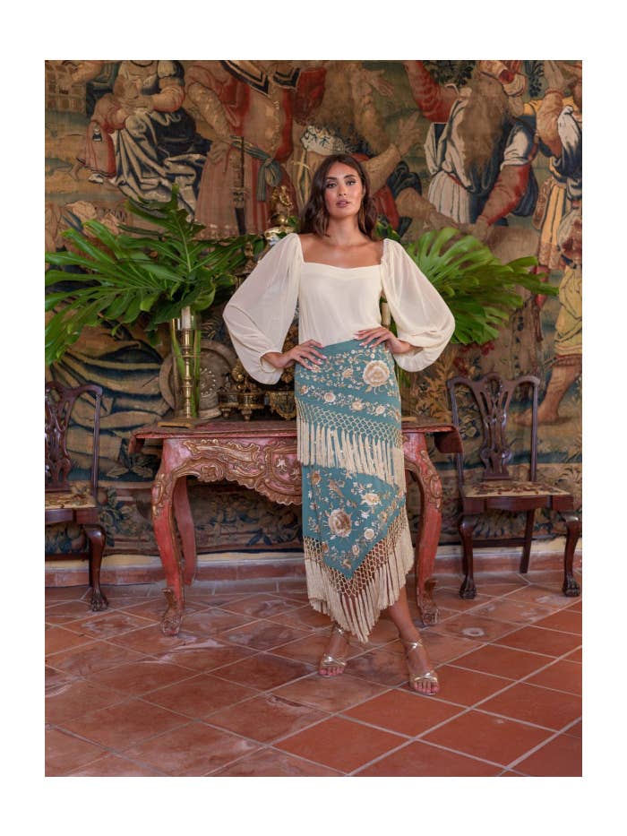 RÉF. VERTE : 000015 KAHYRA châle-pagne en chiffon vert eau Alboreá en vente sur Faire4