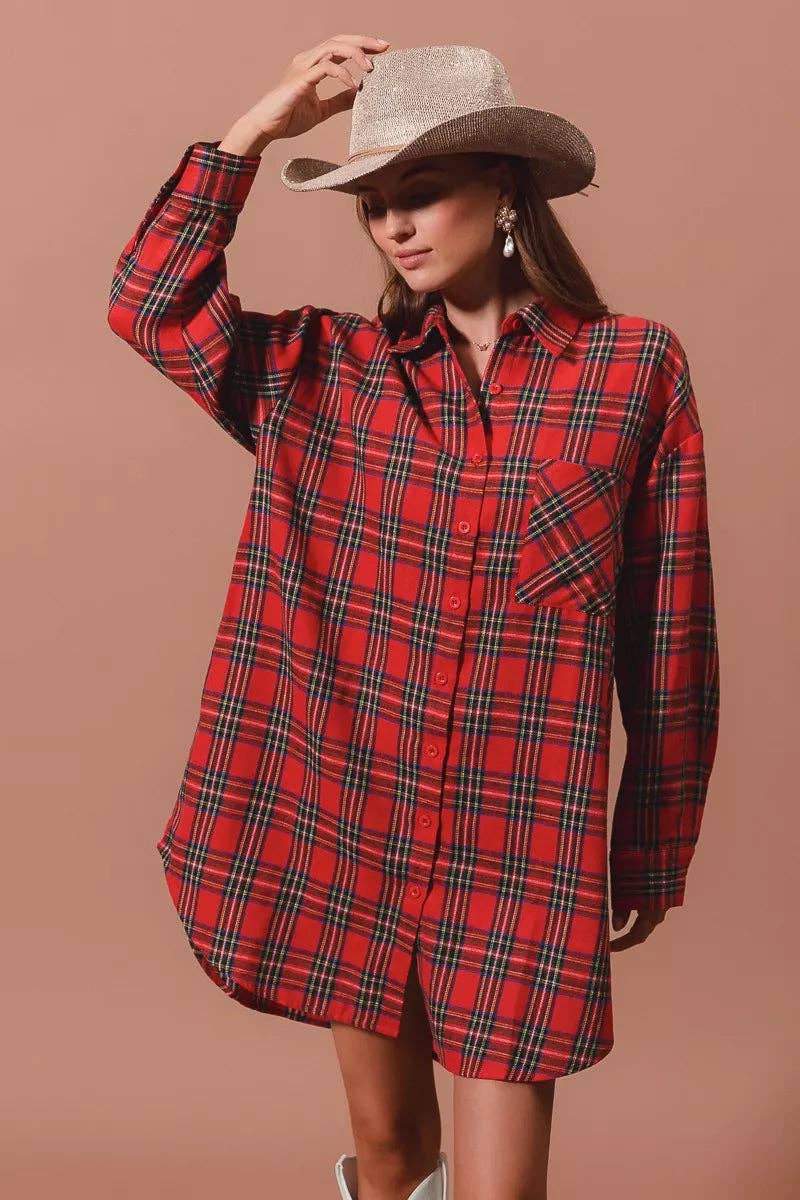 RED MULTI SO ME Christmas Checker Plaid Button Up Shirt Dress for wholesale on Faire0