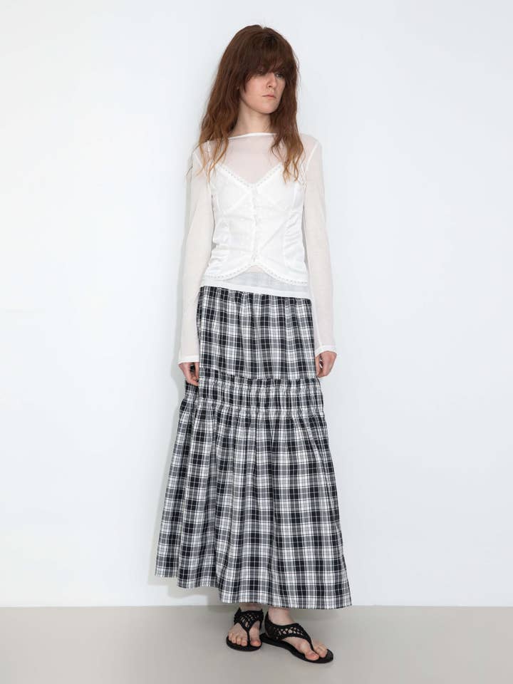 CUBIC - Wholesale Skirt - Women's - Elastic Drawstring High Waist Checked Skirt13
