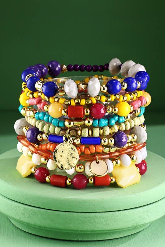 MULTI (MT) Bracciale Indiano Elasticizzato a 10 Strati con Perline Colorate in vendita all'ingrosso su Faire2