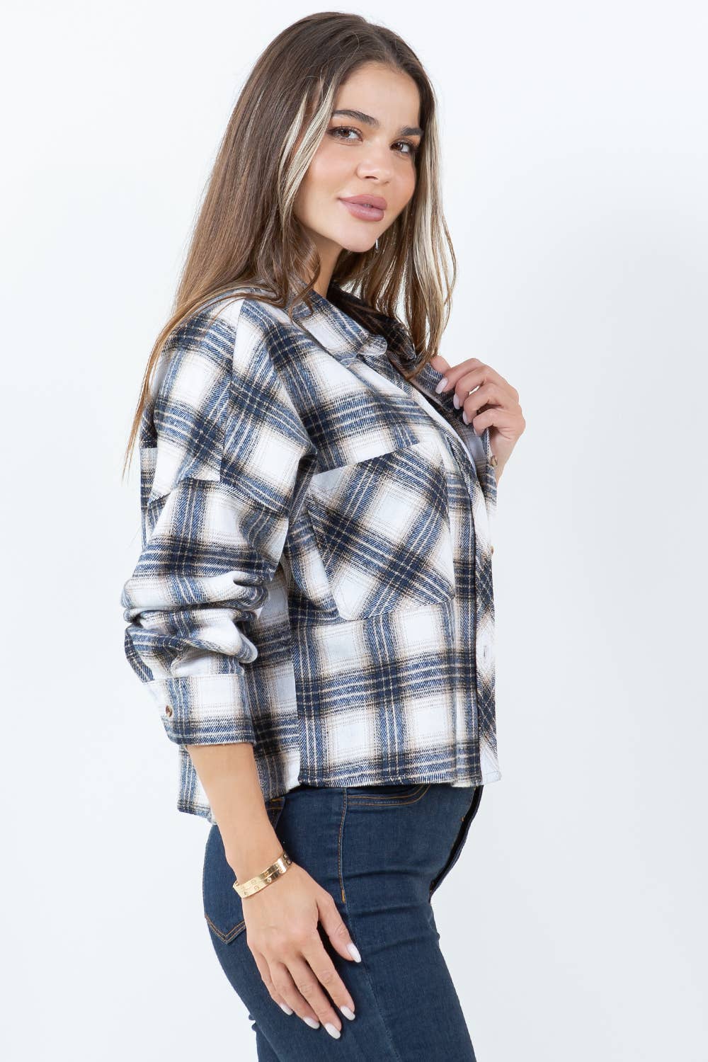 Veracci - Wholesale Button Down Shirt - Women's - Boxy Cropped Long Sleeve Plaid Over Shirt15