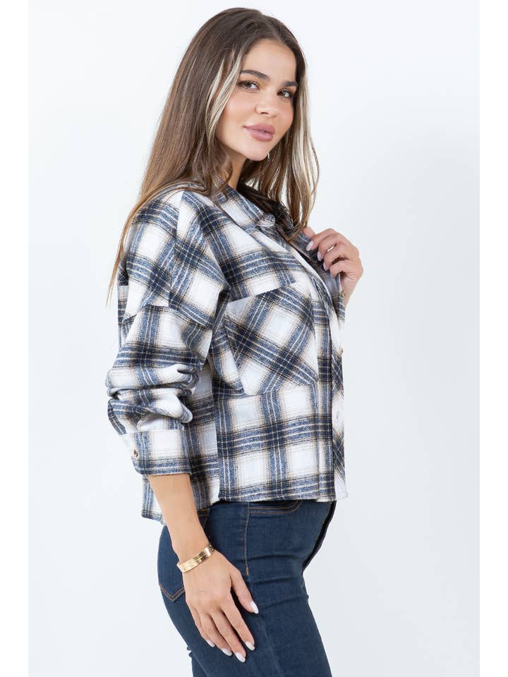 Veracci - Wholesale Button Down Shirt - Women's - Boxy Cropped Long Sleeve Plaid Over Shirt15