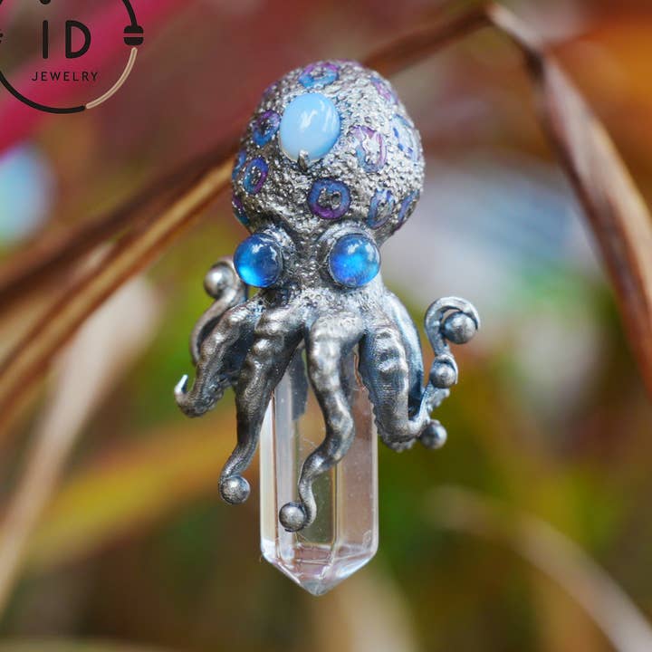 Blækspruttevedhæng med krystal i 925 sterlingsølv, håndlavet gotisk totem-smykke med natursten, fantasihalskæde gave for engroshandel hos idjewelry