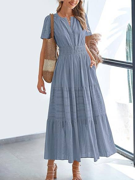 V Neck Smocked Puff Sleeve Flowy Midi Dress for Women for wholesale by Lovesoft