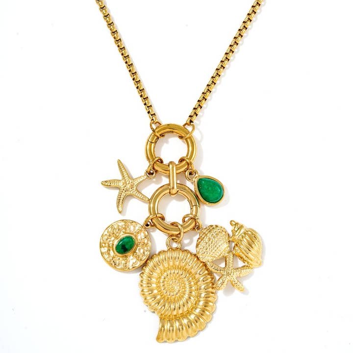 Hemani Gold & Green Agate Detachable Charm Long Pendant Necklace for wholesale by Boho Betty