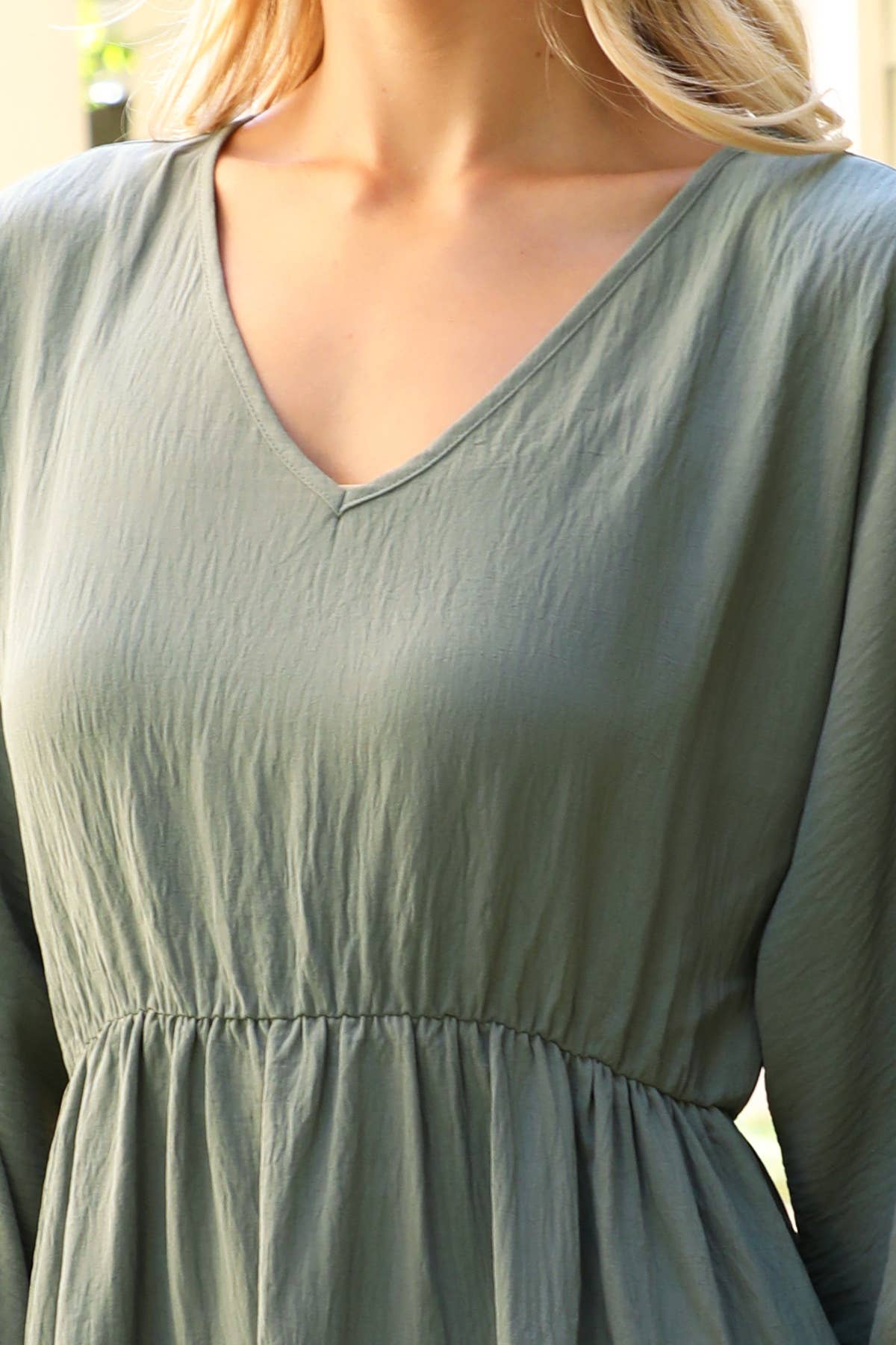 You & Me - Wholesale Dress - Women's - YMD10057V-WOVEN PUFF SLEEVE V-NECK ELASTIC WAIST TIERED20