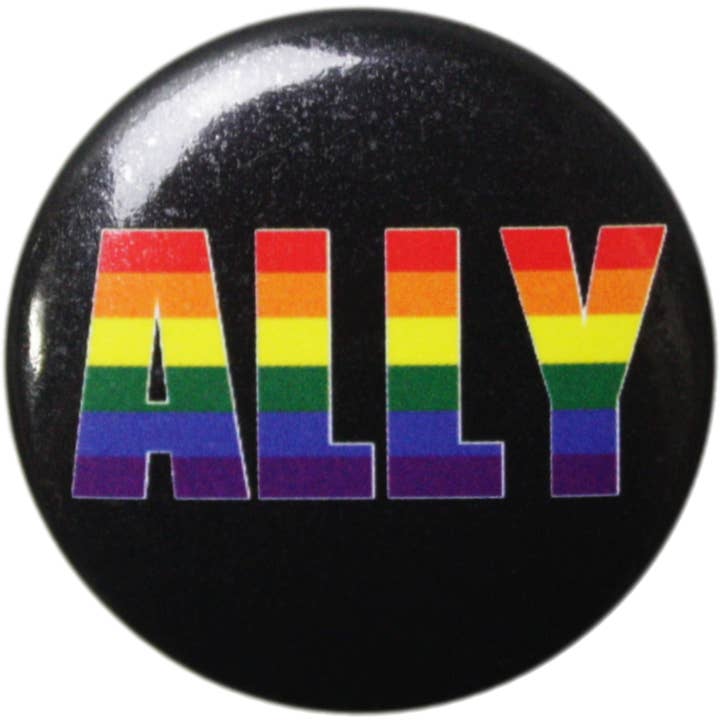 Square Deal Recordings & Supplies - Wholesale Lapel Pin/Button - Pin-on Button - 1.25 Inch - "Ally" - Pride Rainbow On Black