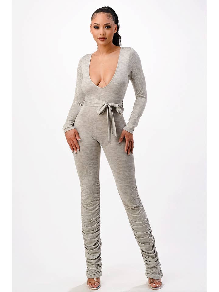 Macacão franzido com decote em V e cintura de gravata por atacado de Lime All the Time