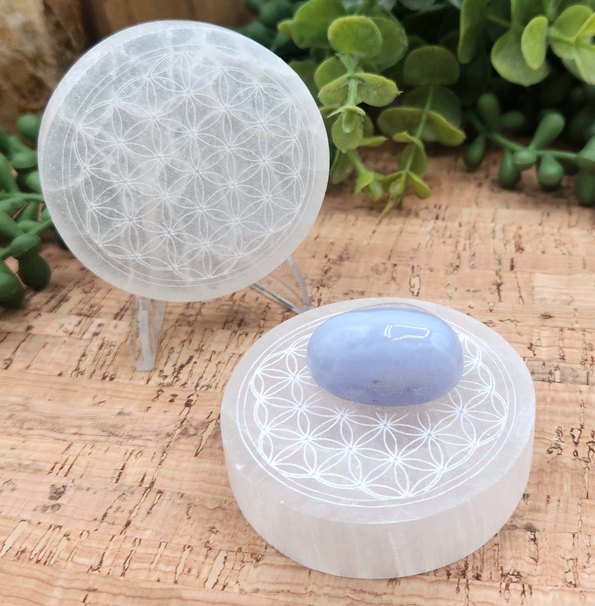 Meraki Gemstones - Wholesale Spiritual Stone/Crystal - Selenite Charging Plate/Coaster Round - Flower of Life 6-7cm7