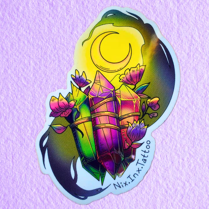 Holographic Magic Crystal Gems & Crescent Moon Vinyl Sticker for wholesale by Owlybear Art