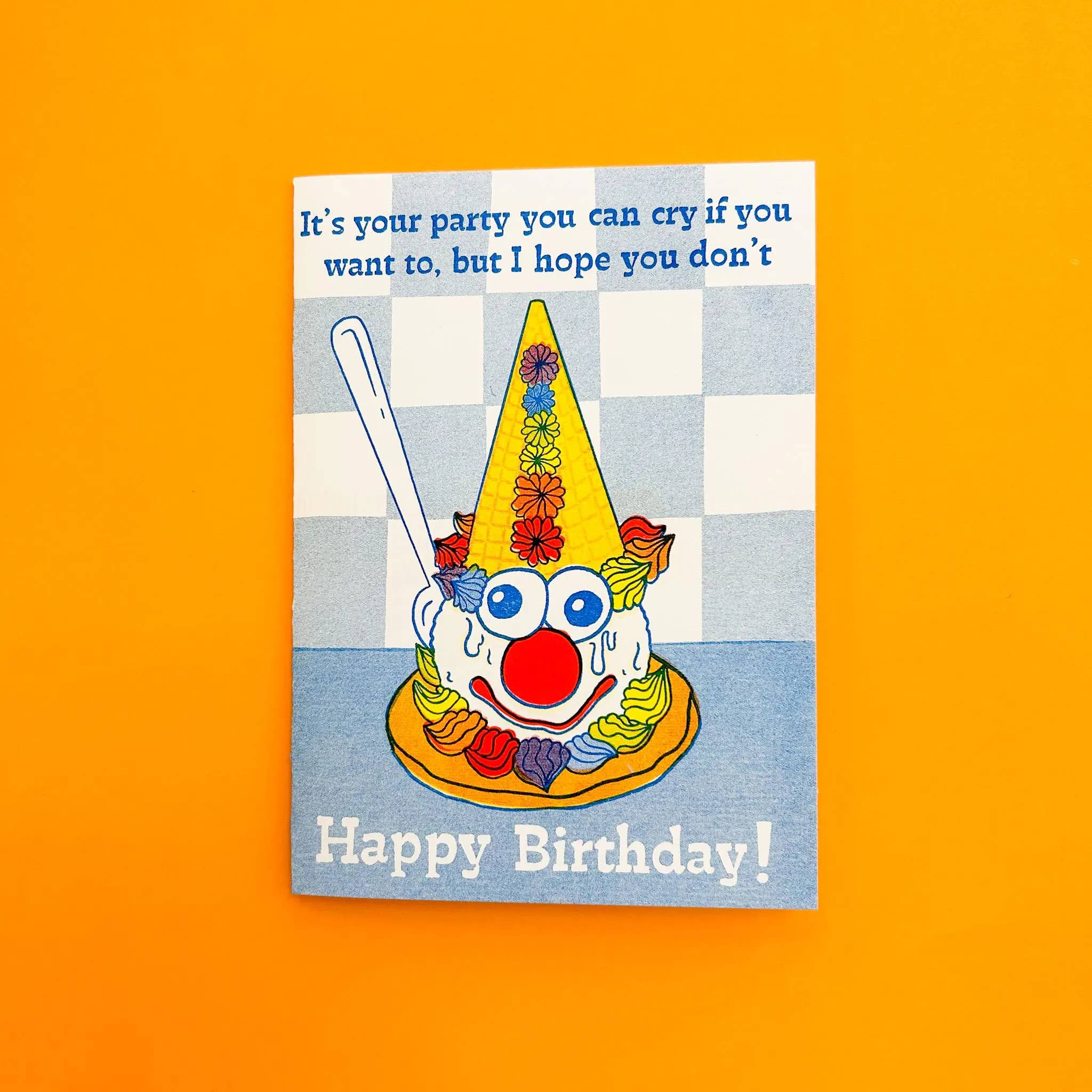 Foolish Designs - Wholesale Birthday Card - Crying Clown Cone Celebration Risograph Greeting Card