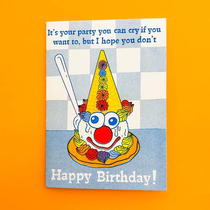 Crying Clown Cone Celebration Risograph Greeting Card for wholesale by Foolish Designs