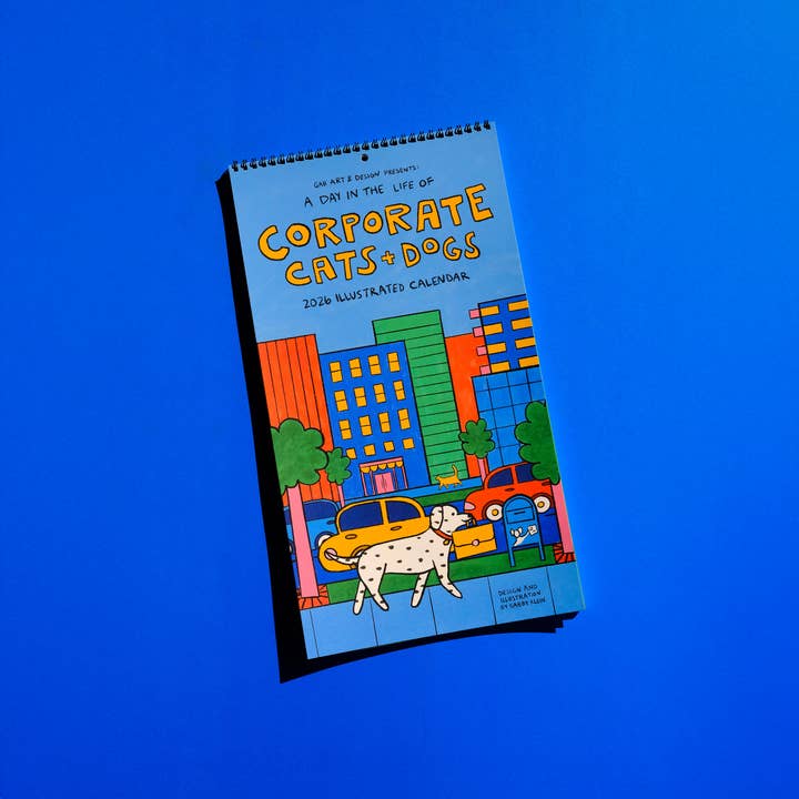 2026 illustrated wall calendar: a day in the life of corporate cats + dogs for wholesale by Gab Art & Design