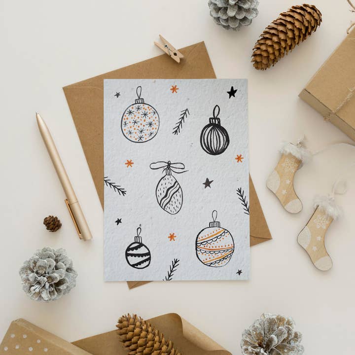 Christmas Baubles Illustrated Plantable Card – Eco-Friendly for wholesale by Purcell-Green Studios