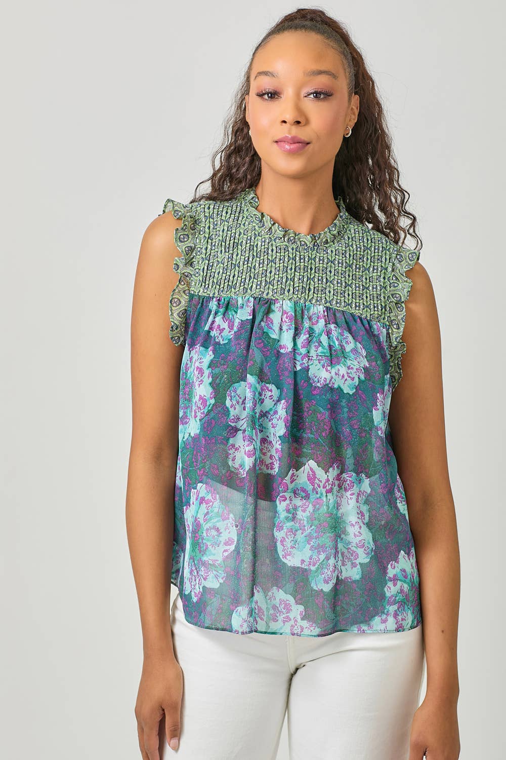 Mystree - Wholesale Blouse - Women's - 61024 Sleeveless Ruffled Floral Print Top1
