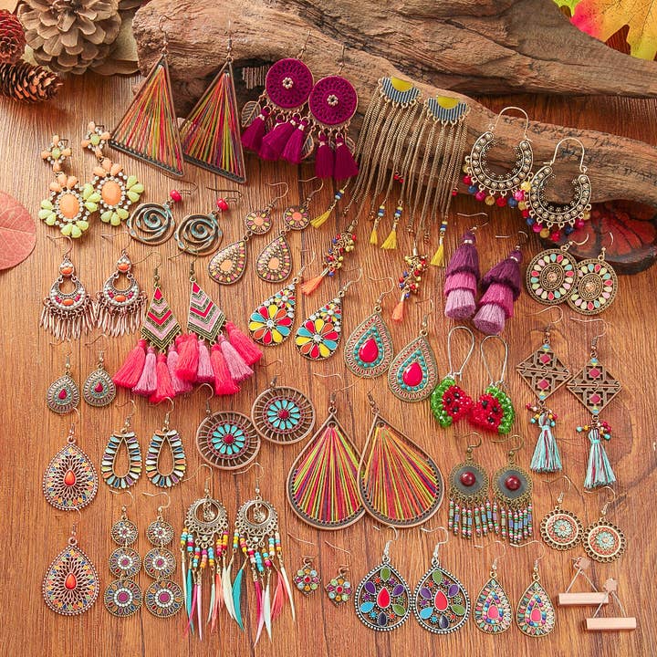Bohemian Tassel Drop Earrings Colorful Ethnic Jewelry Set for wholesale by Halcyon Outfitters®