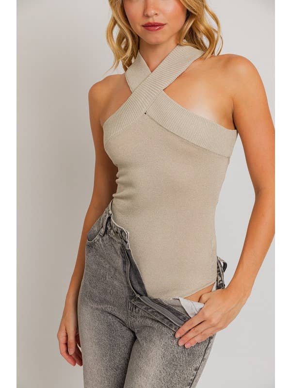 LE LIS - Wholesale Bodysuit - Women's - CRISS CROSS HALTER BAND SWEATER BODYSUIT