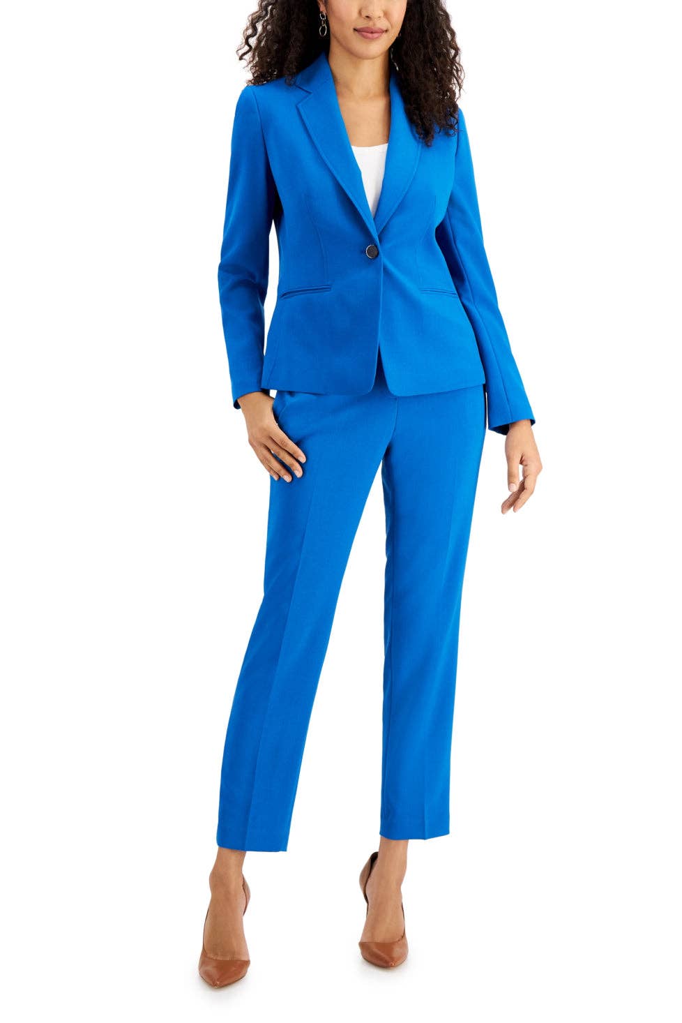 BLUE Le Suit Notched Collar 1 Button Jacket with Button Hook Zipper Closure Pants (Petite) for wholesale on Faire