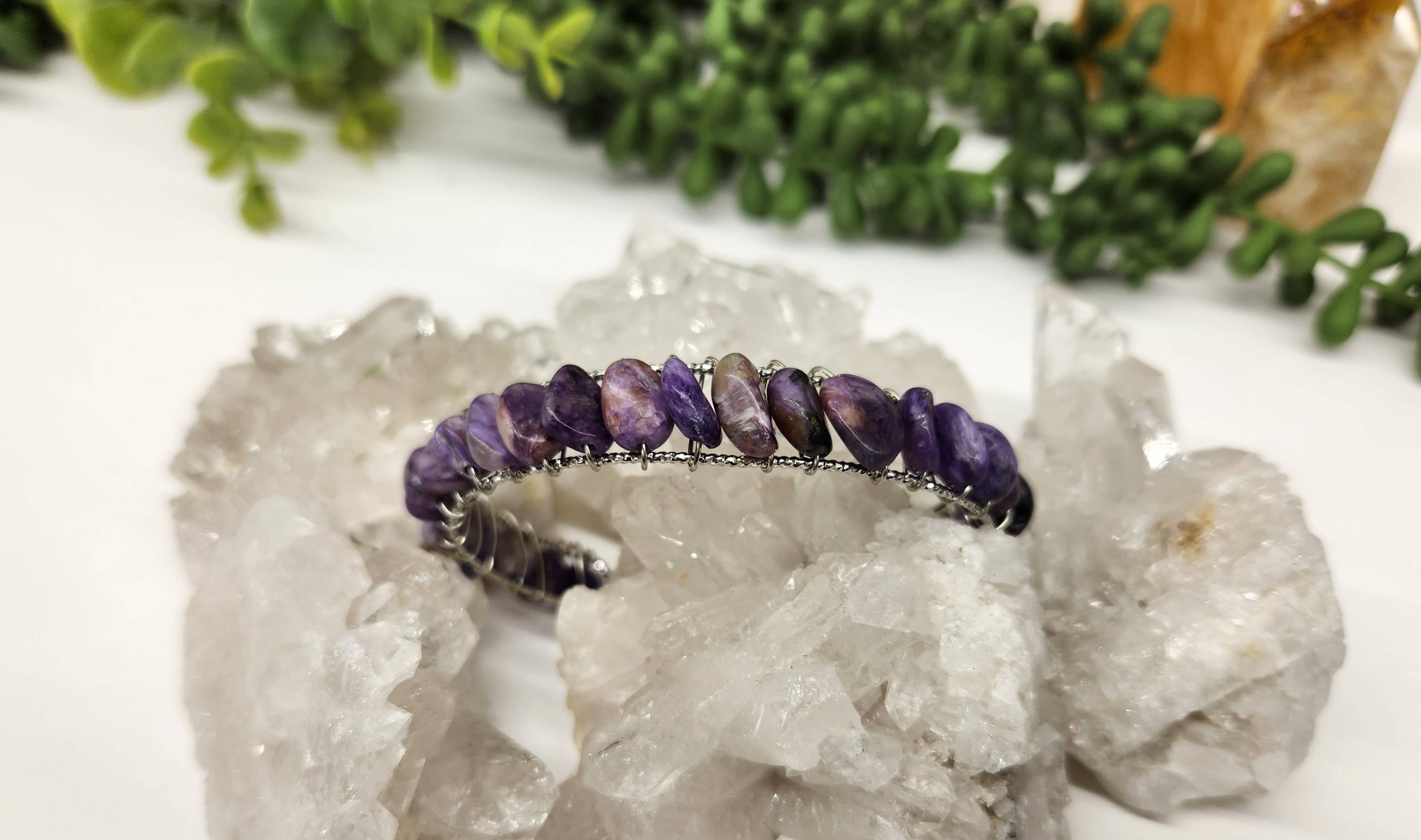 Meraki Gemstones - Wholesale Cuff Bracelet - Charoite Bangle/Cuff WireWrapped Bracelet-18kt. Gold Overlay3
