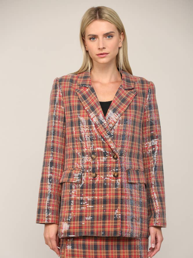 RED NAVY PLAID SEQUIN DOUBLE BREASTED BLAZER FJ74003 for wholesale on Faire